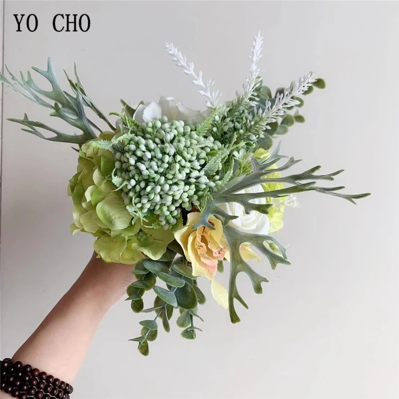 YO CHO искусственный букет невесты цветок Шелковая Роза Гортензия Орхидея Лаванда Георгин лист эвкалипта стагорн папоротник свадебный букет