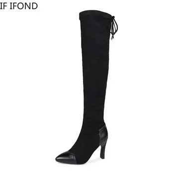 

IF IFOND Autumn Suede Sexy Over The Knee Boots Fashion Thigh High Boots Women Stretch Fabric comfort Lace Up High Heels