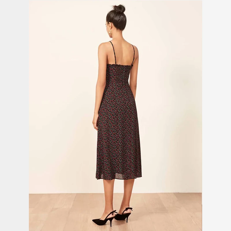Elegant Vintage split dress chiffon with straps slash neck backless A line slim waist elastic bust summer party dress women
