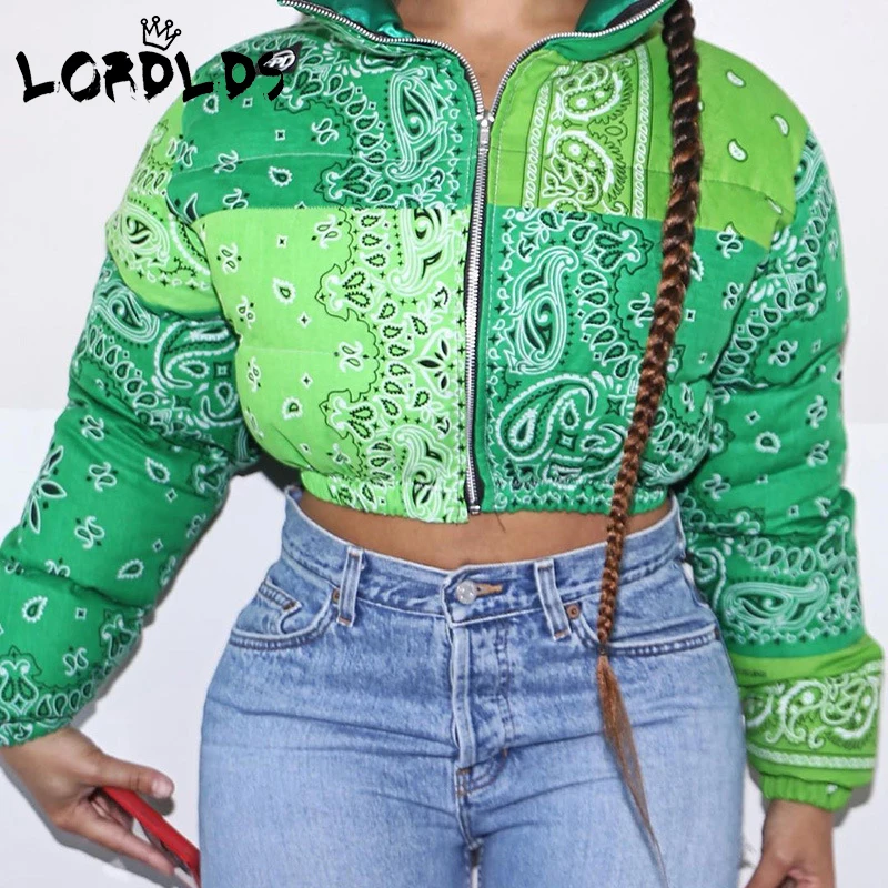 

LORDLDS Women Short Parkas Coats 2020 New Autumn Winter Contrast Stitch Print Bubble Jackets Vintage Outwear