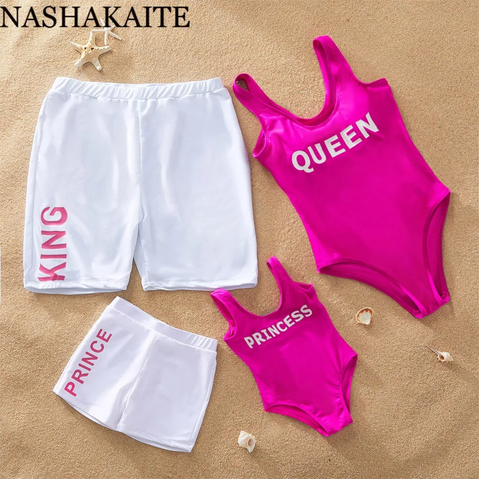 

NASHAKAITE Family Swimsuits NEW Solid Letter Printed One-piece Swimsuit Mother Daughter Dad and son matching beach shorts