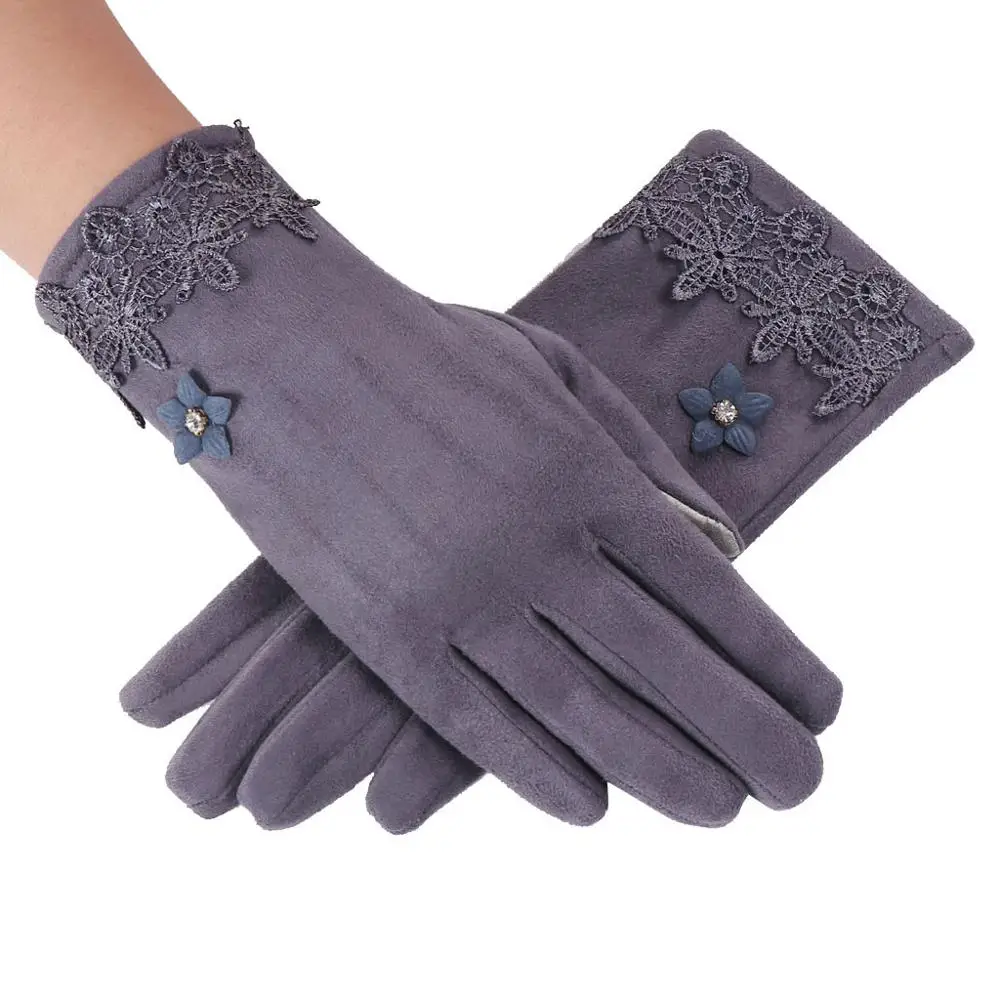 Lace Flower Gray Женские перчатки бархатные сохраняющие тепло перчатки для сенсорного экрана ветрозащитные зимние перчатки варежки перчатки для велоспорта guantes muje - Цвет: Lace Flower Gray