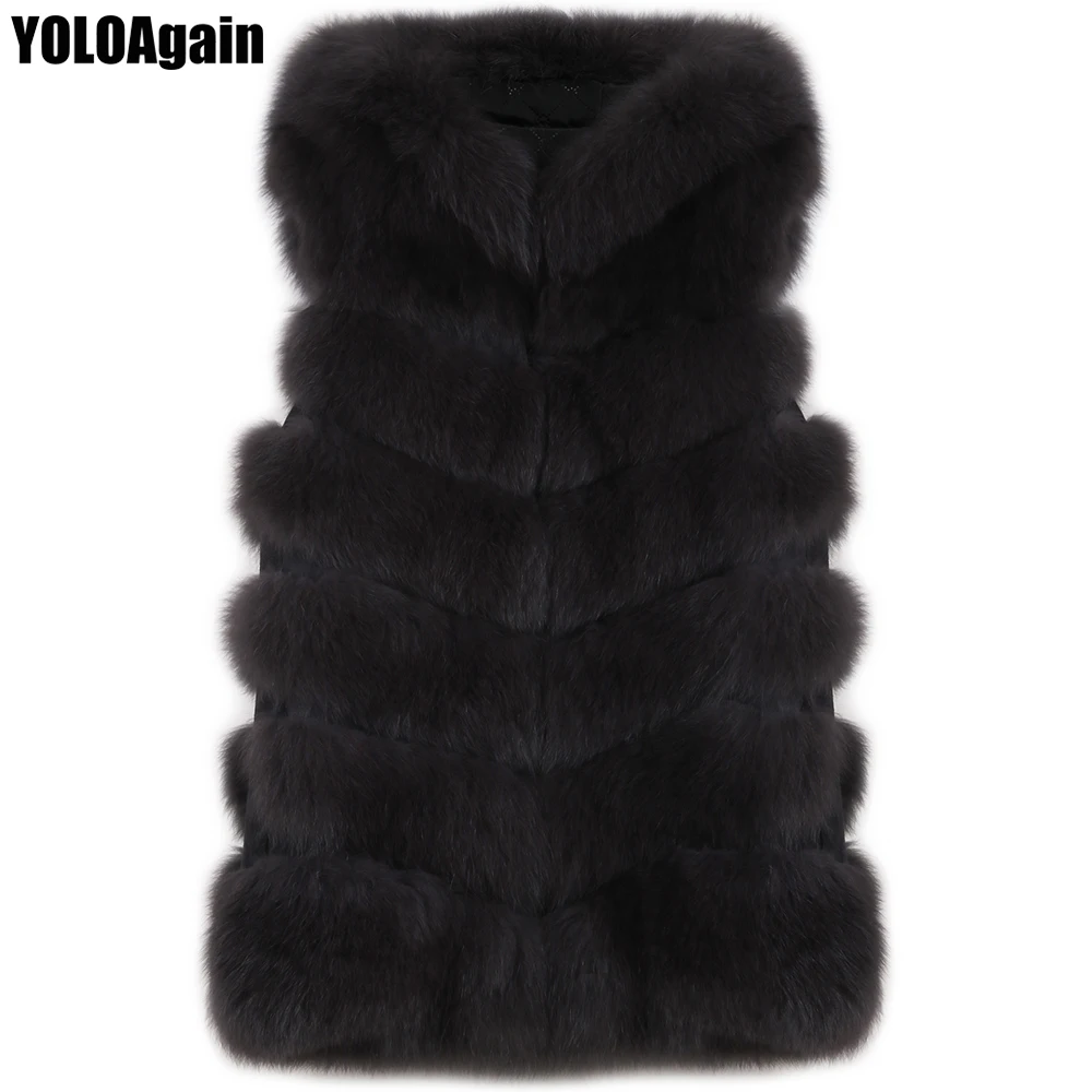 YOLOAgain women natural fox fur gilet ladies real vest hooded | Женская одежда