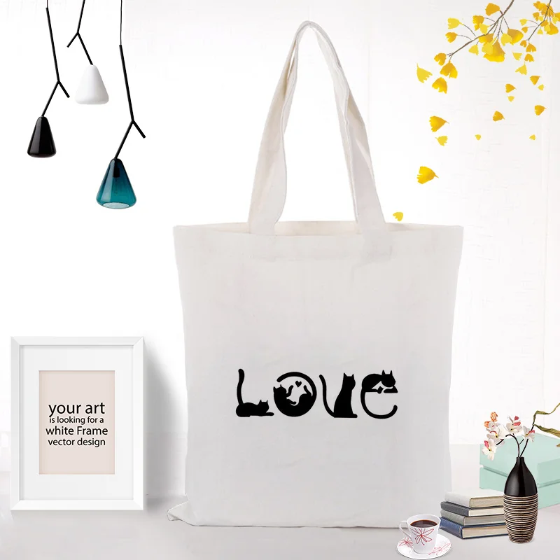 cat Canvas Tote Bag Custom Print Logo Text DIY Handbag Daily Use Eco Ecologicas Reusable Shopping Bag Recycle - Цвет: CAT028
