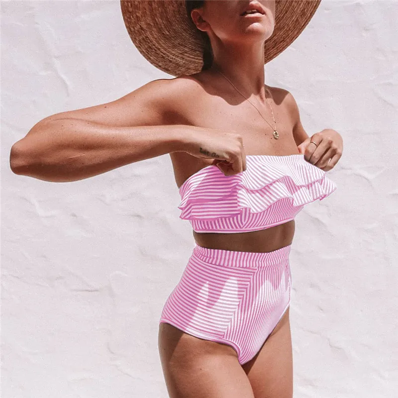 Высокая талия Гавайи неоновое бикини с оборками купальники для женщин Бандо купальник Женская пляжная одежда летние купальники раздельный купальник - Цвет: Pink