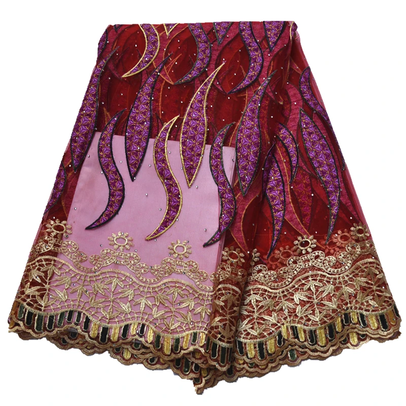 Африканская Вощеная кружевная ткань с вышивкой камнями французская чистая кружевная нигерийская кружевная ткань для женского платья 5 ярдов - Цвет: as picture