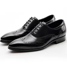 Genuine Cow Leather Pointed Toe Brogues Shoes Mens Casual Oxfords Designer Dress Shoes Black Red Wine Lace-up Shoe