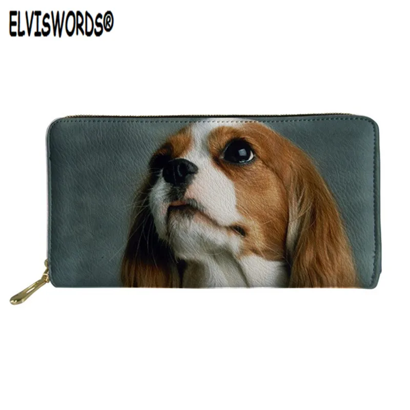 ELVISWORDS, кавалер, король, Шарль, спаниель, принт, женский кожаный кошелек, 3D дизайн, животное, собака, Длинный кошелек с молнией, роскошный карман для телефона