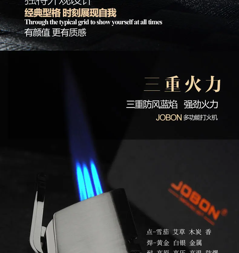 Description Picture 3 of itemJobon Triple Torch Jet Metal Lighter Pipe Lighter with Cigar Cutter Visible Transom Windproof Flame Lighter Gadget for Men