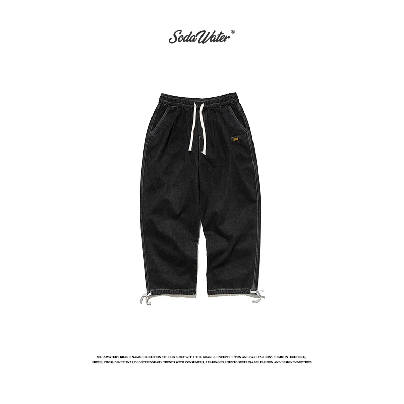 SODAWATER Для мужчин свободные прямые джинсы уличная Drawstring хлопка черные джинсы Для мужчин спортивный свитер Harajuku, Одноцветный, джинсовые штаны для Для мужчин 94535WS - Цвет: Black