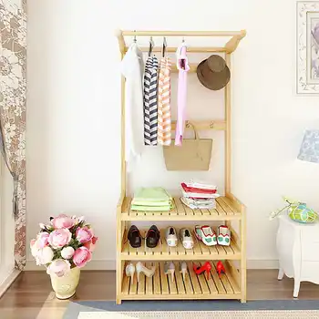 

170cm Wooden Multi-Hook Clothing and Shoes Stand Rack Wood 2 Layer Shoes Storage Hat Cloth Bag Coat Hanger Floor Standing Rack
