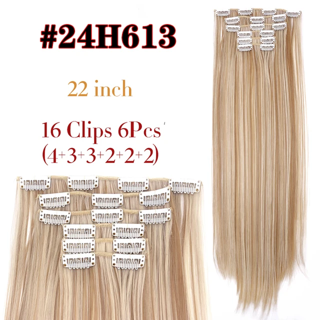 Synthetic 6H/613# Clip In On Hair Extensions 6Pcs/Set 16 Clips Hair Extension Full Head 55Cm Straight Synthetic Fiber Hairpieces 24H613