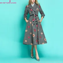 Женское длинное шерстяное пальто с цветочной вышивкой зимнее двубортное кашемировое пальто Элегантная Повседневная Теплая юбка пальто плюс размер