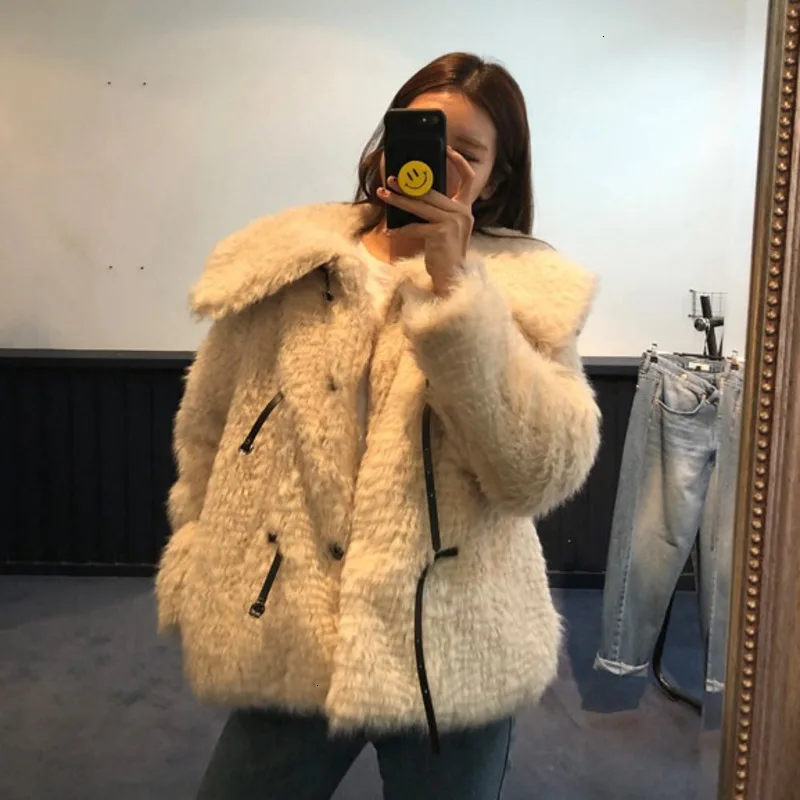 autumn winter lapel long sleeve solid patchwork single breasted thick casual loose coat women fashion tide D443