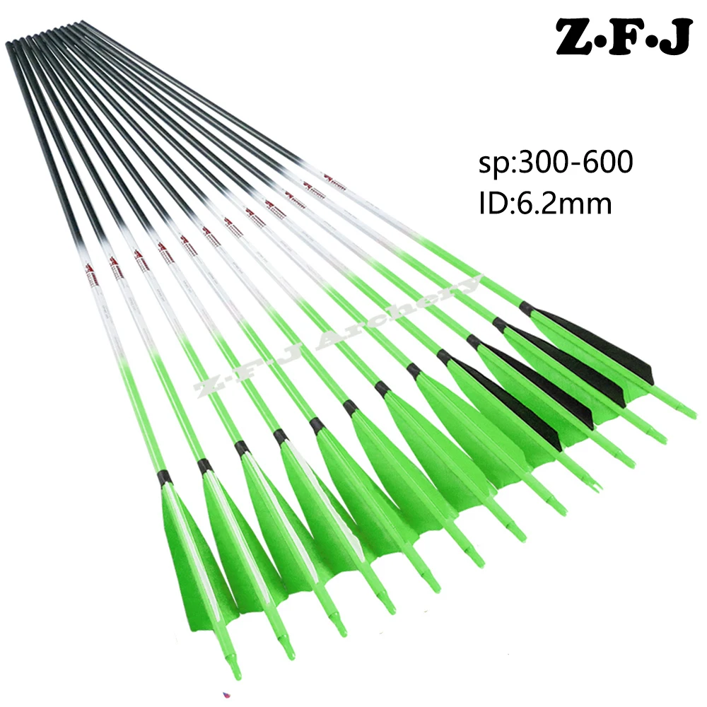 

6Pcs Linkboy Archery Carbon Arrow Spine 300 340 400 500 600 ID 6.2mm 5inch Turkey FeatherTarditional Compound Bow Hunting Green