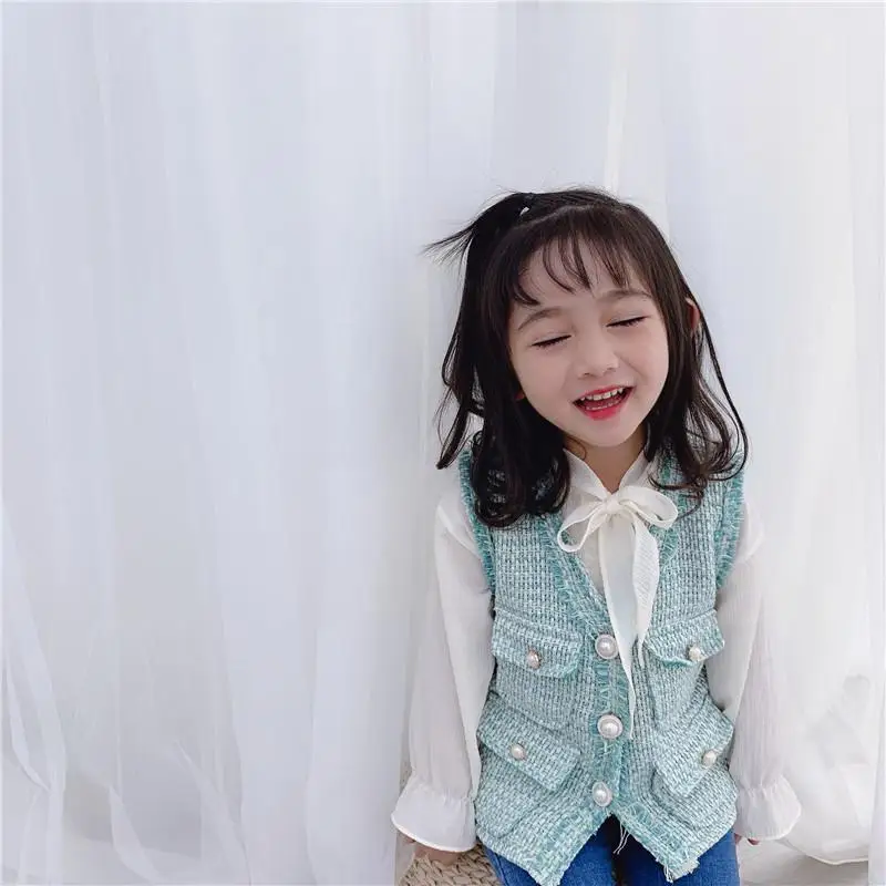 Новое поступление, Осенний модный жилет принцессы в Корейском стиле без рукавов с карманами для милых маленьких девочек - Цвет: Зеленый