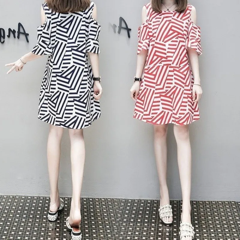 

2019 Spring And Autumn Fat Mm Korean-style Large Size Floral Printed Dress WOMEN'S Dress Mid-length Loose-Fit off-Shoulder Fashi
