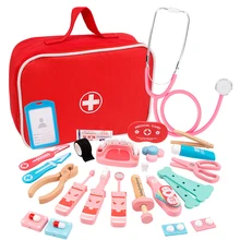 Ensemble de jouets en bois pour enfants, kits de jeux en bois pour filles et garçons, boîte à médicaments rouge pour dentiste, sacs en tissu