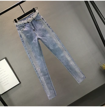 

2020 Women Pencil Jeans Washed Denim Pant rhinestone High Waist Zipper Distressed Casual Skinny Pants Trousers 2055