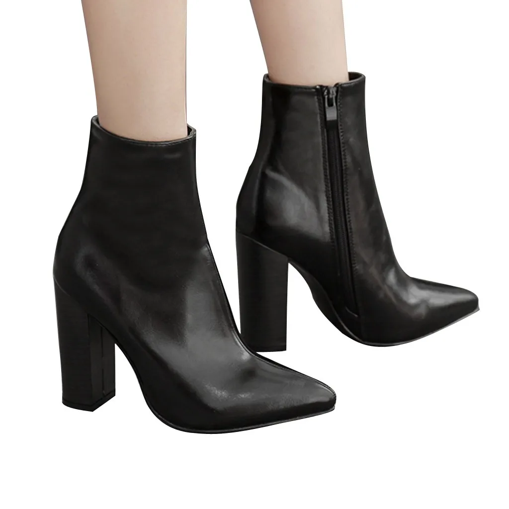 

#30 Pointed Toe Women Boots Zipper Thick Ankle Boots High Heel Shoes Thick Heel Boot