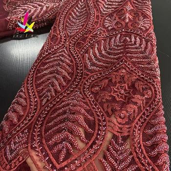 

African High-end Mesh Handmade Beaded Lace Fabric 2020High Quality French Net Tulle Lace Fabrics Nigerian Wine Lace