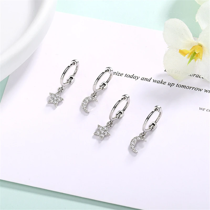 925 стерлингового серебра женские серьги Moon Star Асимметричные Эффектные серьги, ювелирные изделия корейские Brinco CZ камни SE749