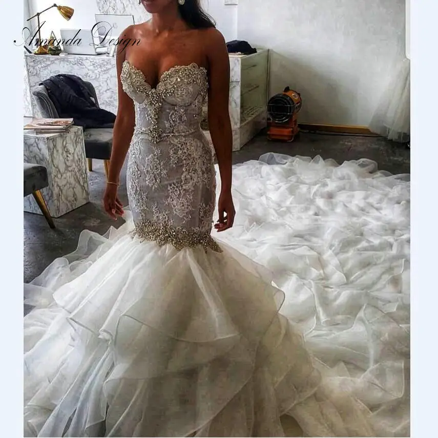 

Amanda Design trajes de novia 2019 Lace Appliques Crystal Ruffle Wedding Dress