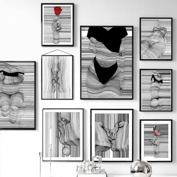 

Abstract Kiss Girl Body Lines Hand Flower Wall Art Canvas Painting Nordic Posters And Prints Wall Pictures For Living Room Decor