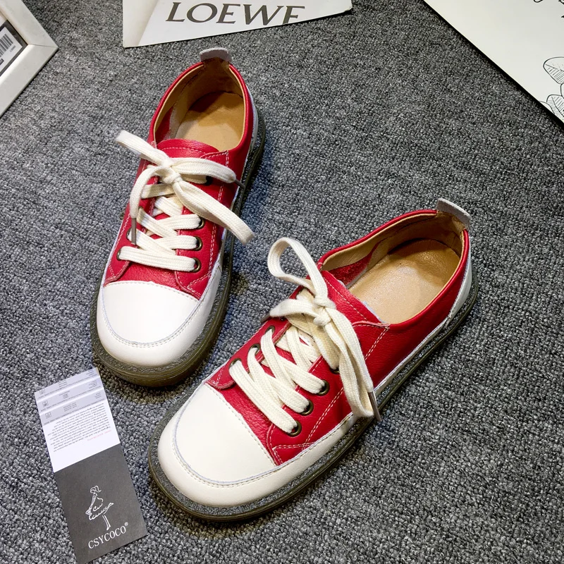 

Woman Genuine Leather Flat Shoes Ladies Fashion Lace-Up Sneakers Casual Classic Retro Wild Flats 3 Color Woman Autumn Shoes 2019