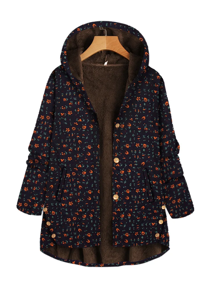 

Женское пальто, осенне-зимняя женская куртка, толстое повседневное свободное однобортное пальто с капюшоном и принтом, En *