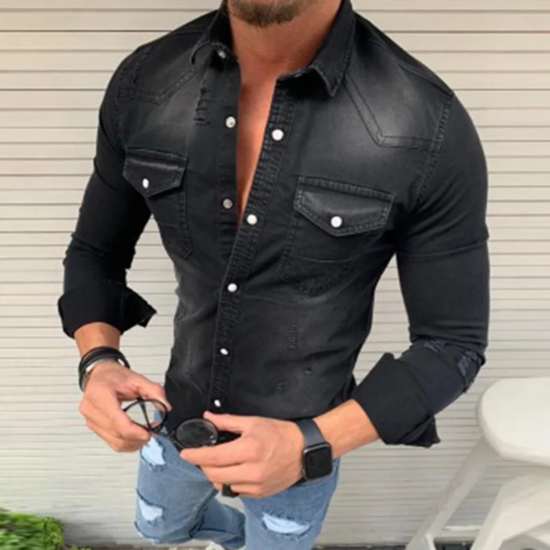 Slim Fit Denim Shirts Men Shirts and Blouses Autumn Top Camisa Masculina Long Sleeve Jeans Shirt Male Blusas Mujer De Moda