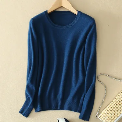 Denim Blue Теплые кашемировые пуловеры высокого качества размера плюс 3XL на осень и зиму, женские свитера с круглым вырезом, одноцветные вязаные свитера, Pull Femme Hiver - Цвет: Denim Blue