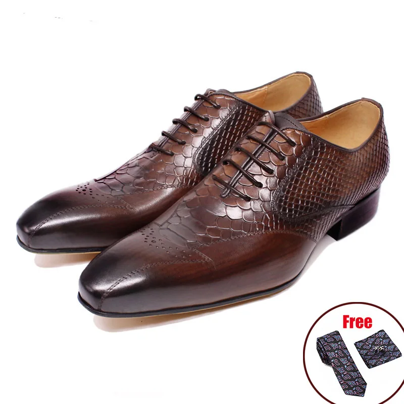 LUXURY MEN LEATHER SHOES SNAKE SKIN PRINTS CLASSIC STYLE BLACK COFFEE POINTED TOE LACE UP OXFORD FOR | Обувь