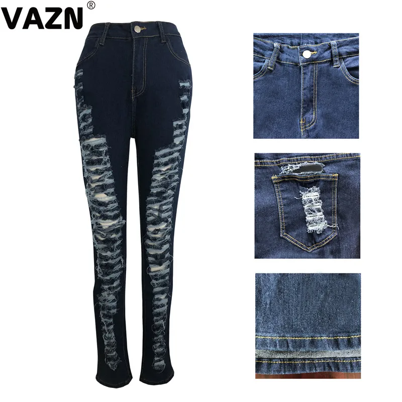 VAZN GHSF12057 женские обтягивающие брюки из денима с Высокая талия джинсы с прорезями отверстия на коленях узкие брюки рваные, Стретч Джинсы бойфренда