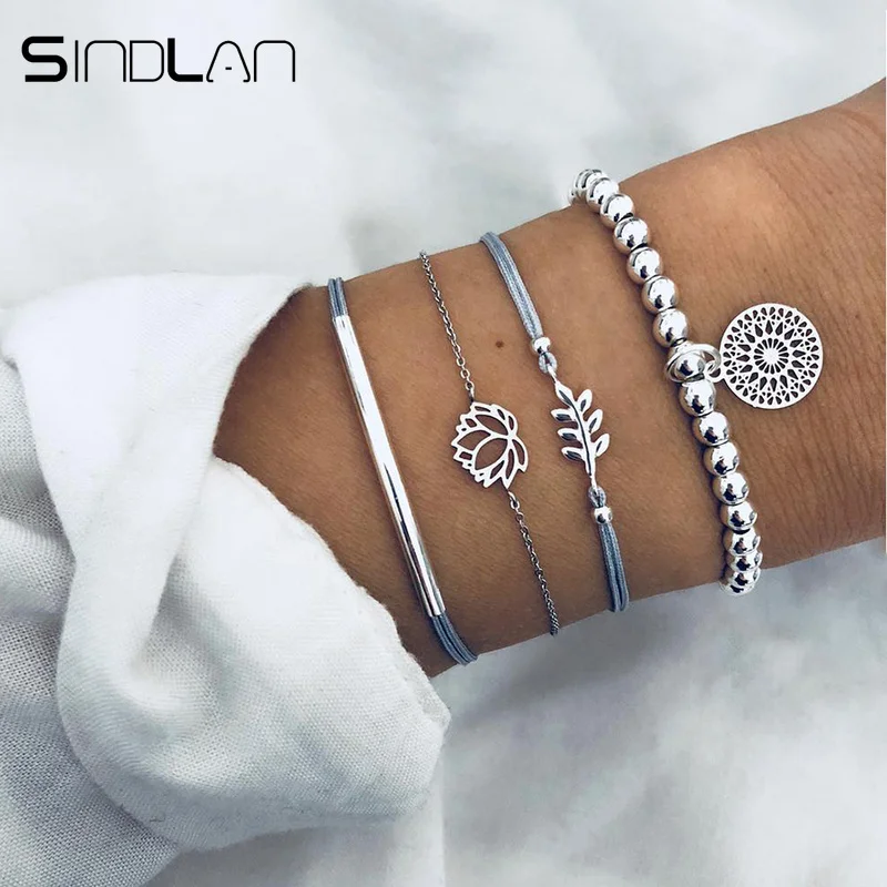 

Sindlan 4PCs Silver Hollow Lotus Leaf Bracelets Set for Women Bohemia Beads Chain Wrist Jewelry Boho Charm Bangles Bracelets