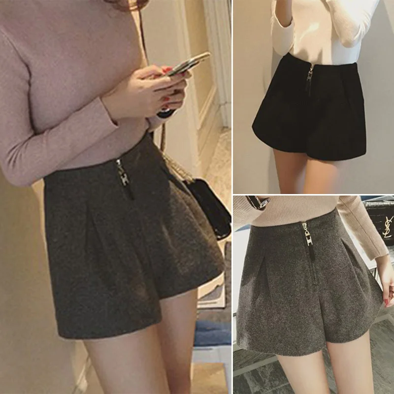 

Winter Woolen Shorts Women High Waist Female Loose Thick Warm Elastic Waist Boots Shorts Wide Leg A-line Shorts Korean Fashion