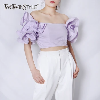 

TWOTWINSTYLE Elegant Patchwork Ruffles Women Shirt Square Collar Puff Short Sleeve Short Ruched Blouses Female Fashion 2020 Tide