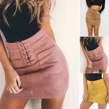 

Fashion Design Sexy Women Solid Color Leather Suede Lace Up Bandage High Waist Party Pencil Mini Skirt Hot Sales