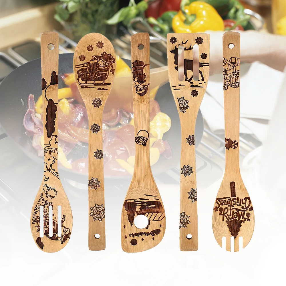 

Christmas Wooden Spoons Bamboo Wood Wok Shovels Slotted Spatula Spoon Cooking Utensils Dinnerware Sets Kitchen Supplies