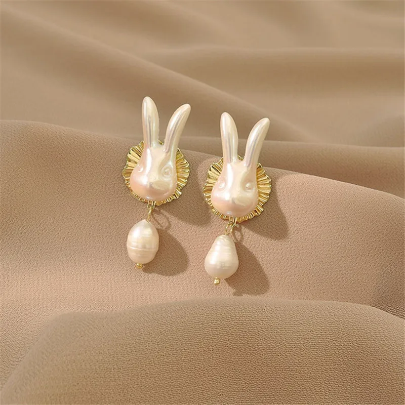 Trendy Pearl Rabbit Drop Earrings For Woman Gold Color Nightclub