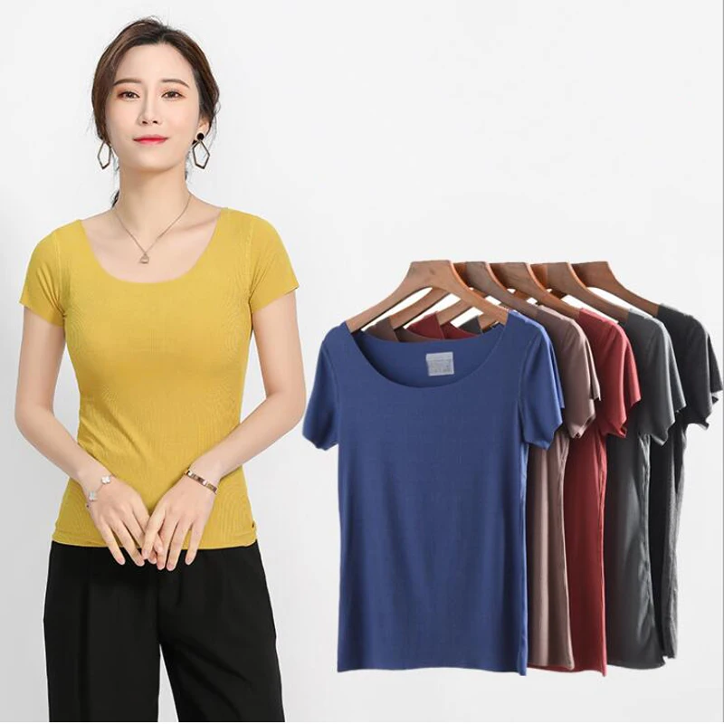 

Mercerized thread modal seamless short-sleeved T-shirt thin outer jacket women's large size wild round neck slim bottoming shirt