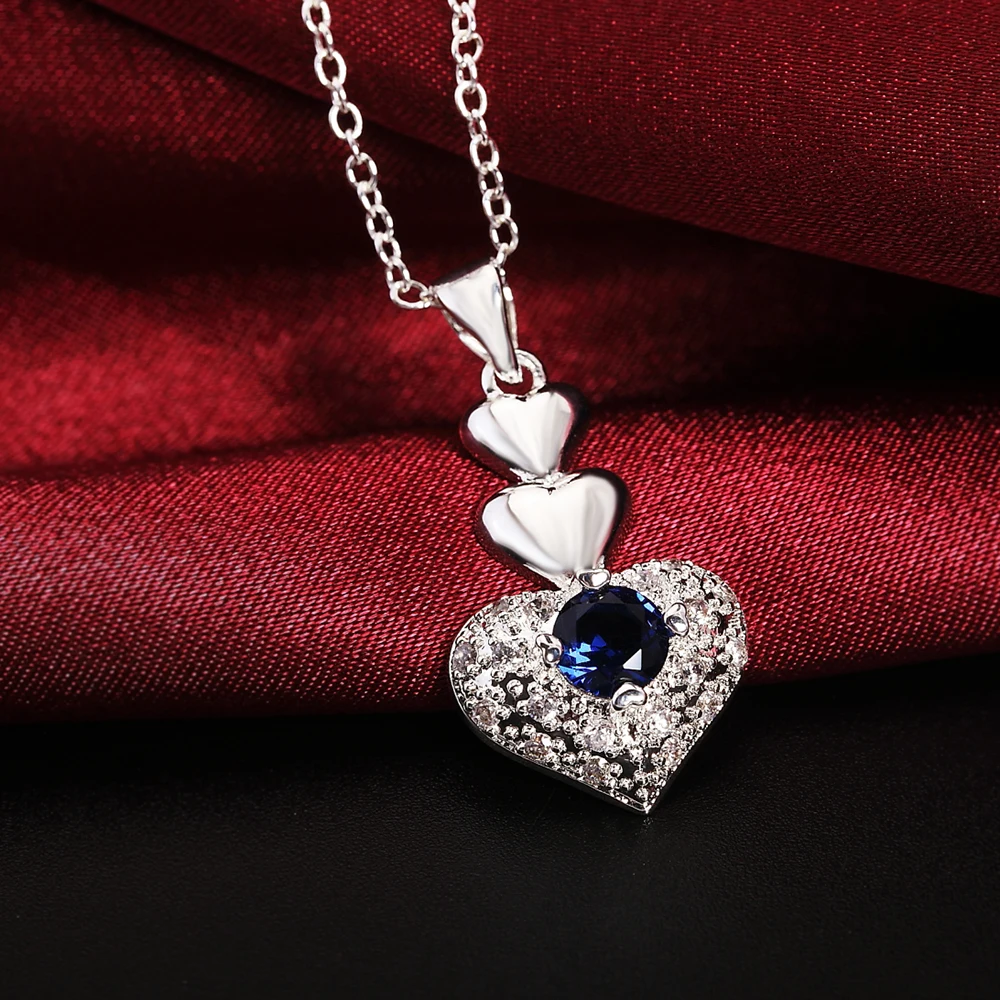 Hot Edle blau kristall herz 925 sterling Silber anhänger halskette ohrring Schmuck sets für Frau klassische mode party feine geschenk