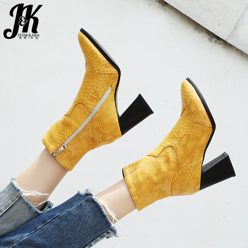 

JK Snake Skin Pu Sexy Ankle Boots Women High Heels Booties Ladies Zip Shoes Female Pointed Toe Shoes Female Emboss Shoes Winter