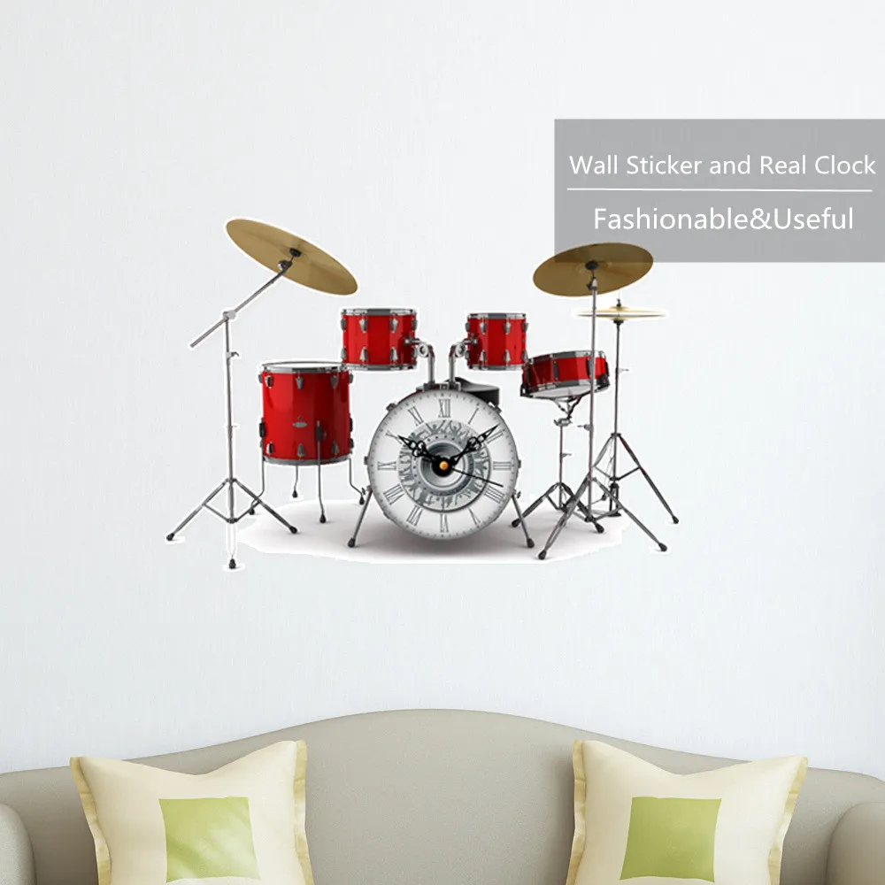 

3D Rock Roll Instruments Sticker Wall Clock Self Adhesive Decorative Sticker&Vintage Watch Fancy DIY Acrylic Roman Number Clock