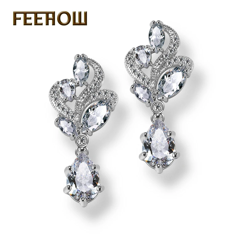 FEEHOW, модные серьги в форме цветка маркизы, висят в форме груши, AAA кубический циркон, Белый/розовое золото, Женские Висячие серьги для невесты, FWEP263 - Окраска металла: White Color