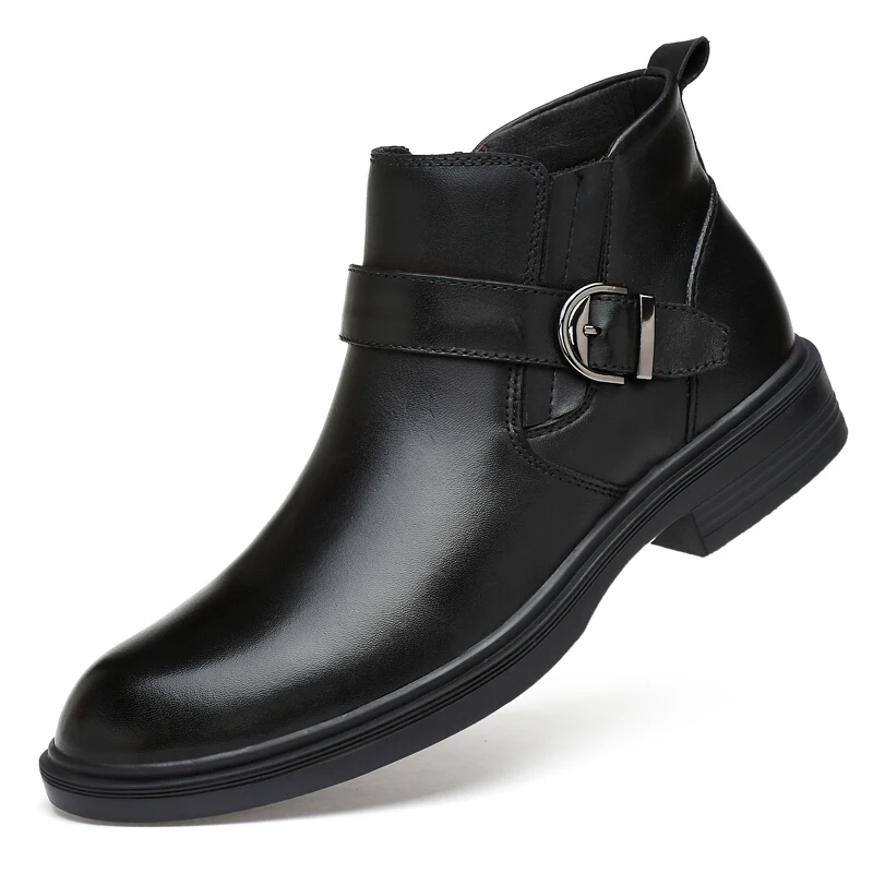 Top Quality Genuine Leather Boots Winter Shoes for Men Buckle Warm Motorcycle Ankle Boots Short Plush High Top Shoes Male