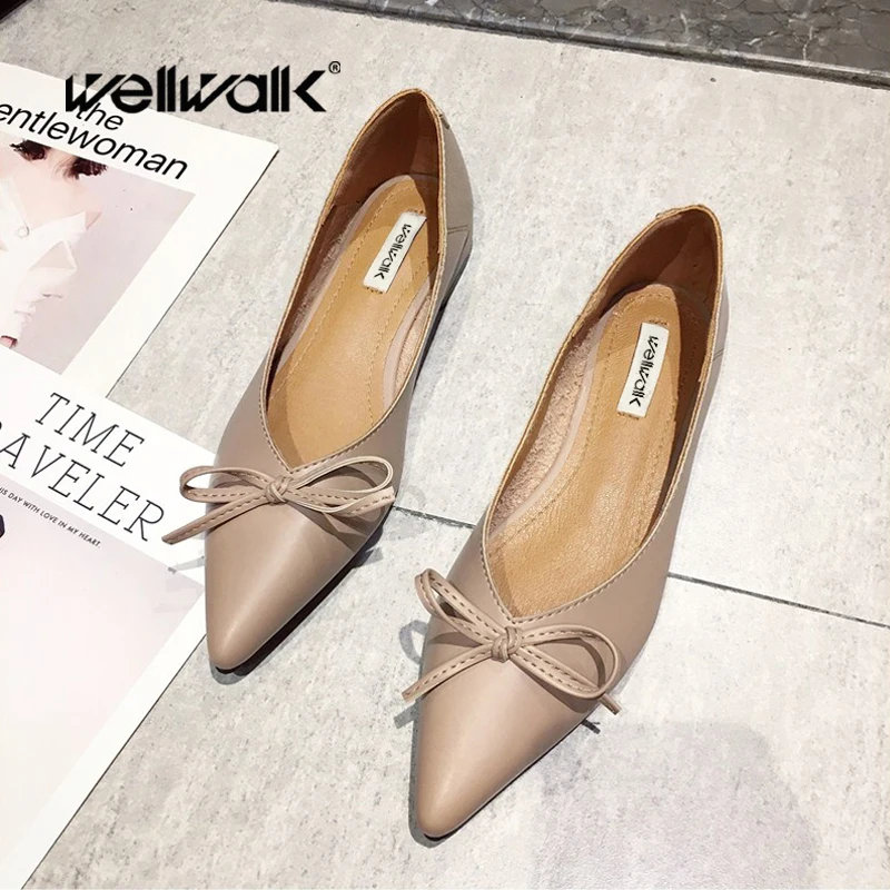 Wellwalk/Женская обувь на плоской подошве из искусственной кожи с узлом-бабочкой; женская обувь на низком каблуке с острым носком; мокасины для зрелых женщин; однотонная Офисная Женская обувь