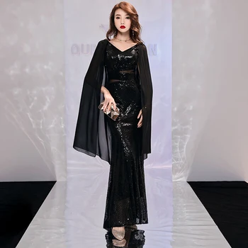 

Sexy Black Gradient Sequined Lady Chinese Dress Slim Mermaid Long Sleeve Summer New Qipao Vestidso V-Neck Satin Cheongsam