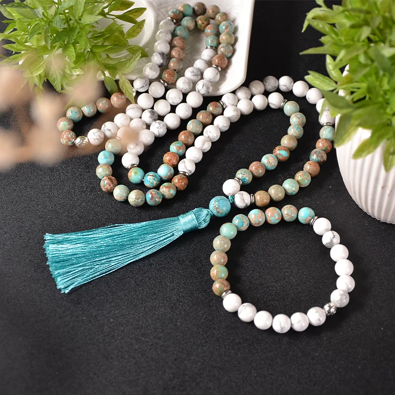 

108Mala 8mm Natural Emperor Jasper Howlite Beaded Necklace Meditation Yoga Blessing Rosary Tibetan Tassel Jewelry Bracelet Set