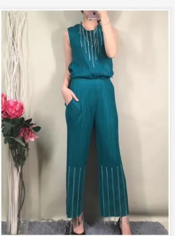 Miyake fold, модные футболки без рукавов с круглым вырезом+ однотонные штаны, костюм из двух предметов с кисточками - Цвет: blue green
